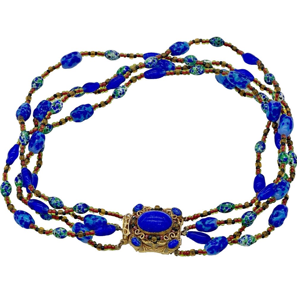 VTG Hattie Carnegie Blue Glass Beads Cabochon Center Necklace Choker Signed Rare